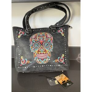 American Bling Embroidered Studded Sugar Skull Tote‎ Purse Gray Faux Leather NEW